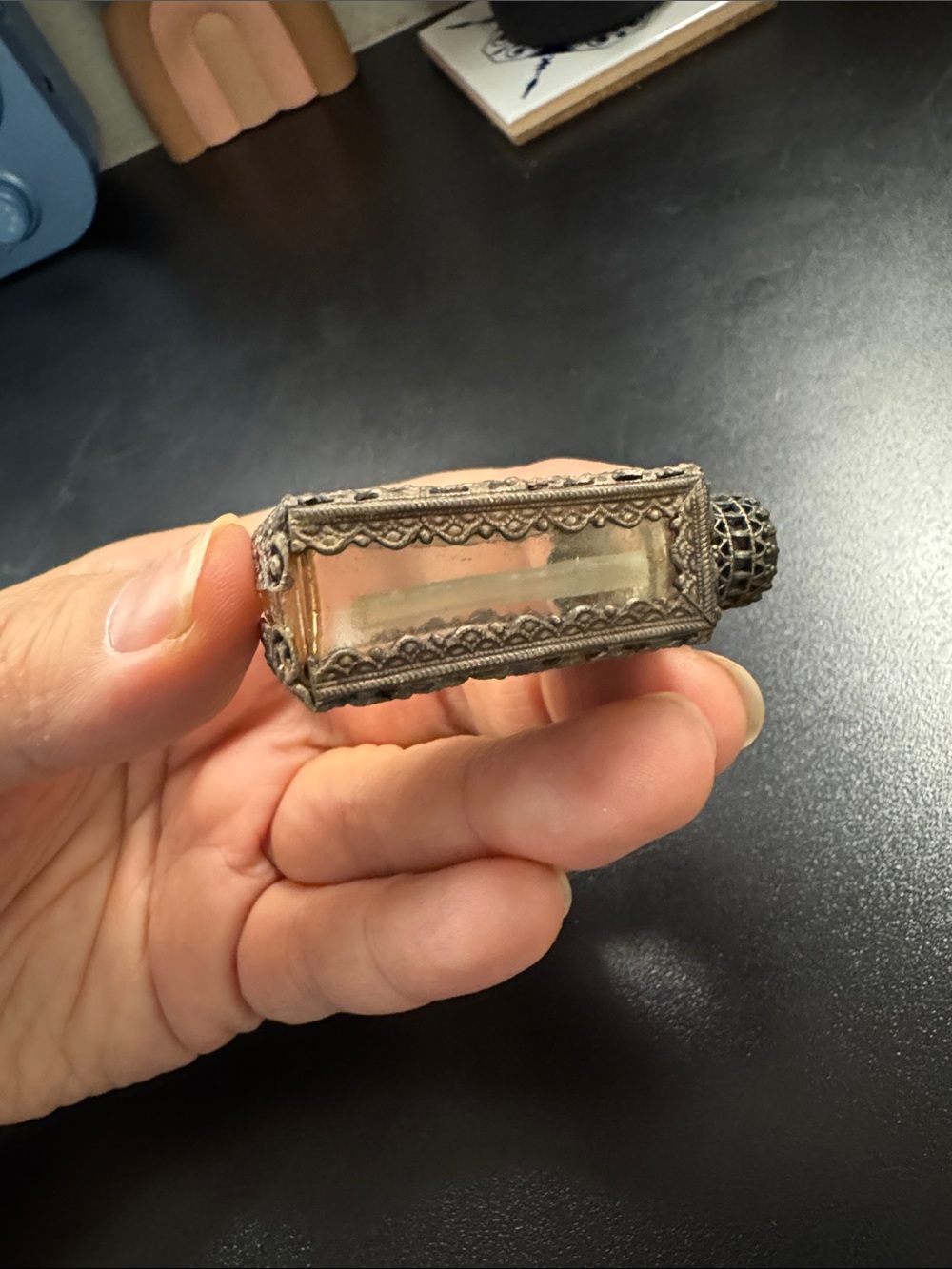 Antique Silver Overlay Glass Perfume Bottle with Turquoise Filigree - Vintage - Picture 6 of 7